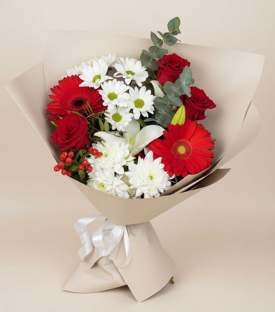 Букет цветов из: Розы, Хризантемы, Герберы и Лилии в Яндаре