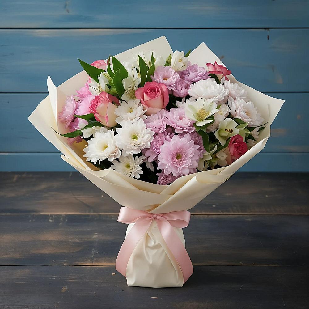 Букет цветов из: Хризантемы, Альстромерии и Розы в Яндаре